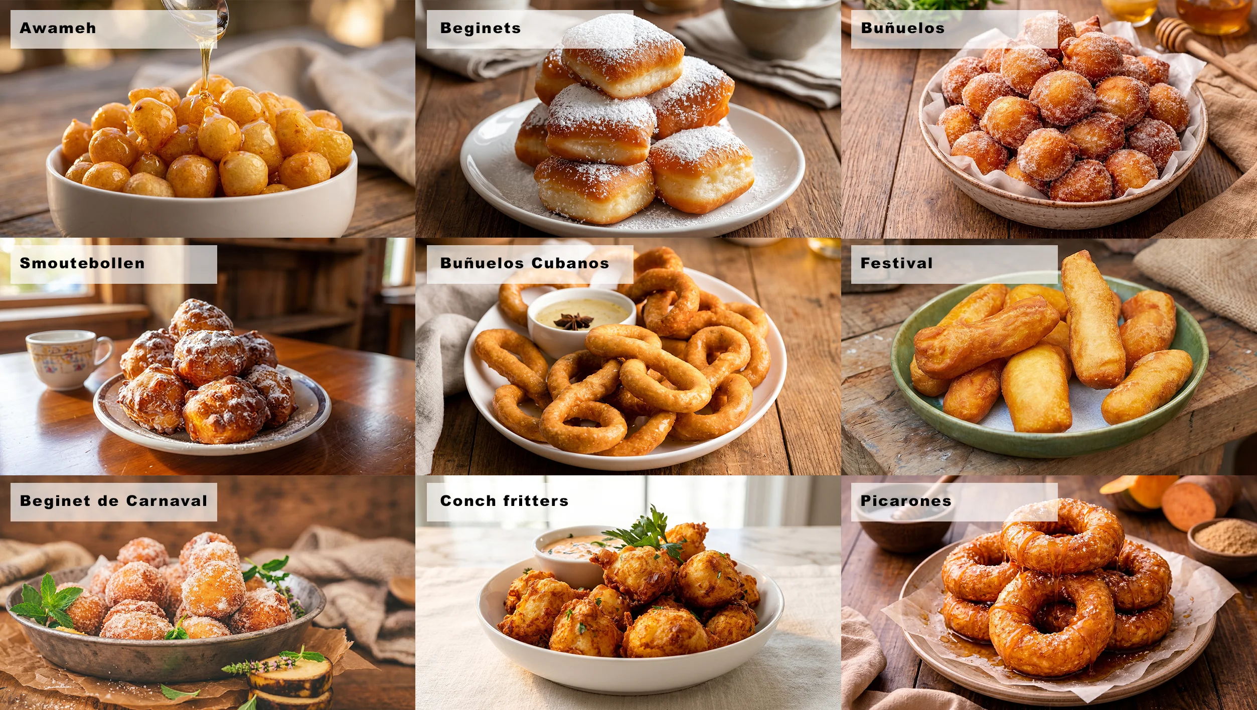 Razne varijacije fritula po svijetu — Awameh, Beginets, Buñuelos, Smoutebollen, Buñuelos Cubanos, Conch fritters, Picarones i druge